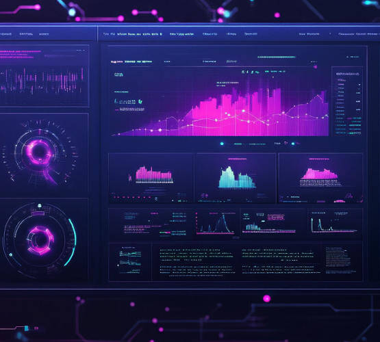 Futuristinen dashboard-näkymä, jossa on hehkuvia vaaleanpunaisia ja sinisiä kuvaajia.