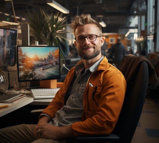 Generatiivisen tekoälyn avulla luotu hymyilevä mies istuu työtuolilla tietokoneen edessä.